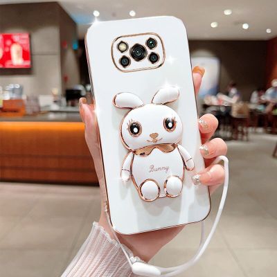 Cute Cartoon Rabbit Fold Stand For Xiaomi Poco X3 Pro Nfc Phone Case With Lanyard Luxury Plating Cover