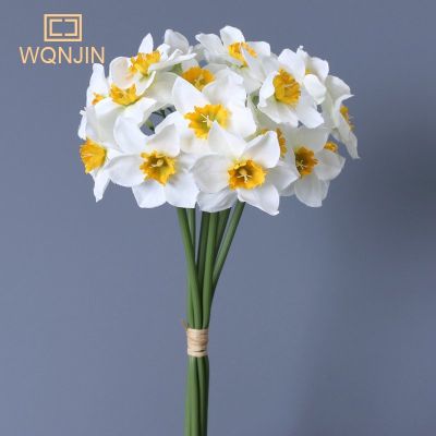 [AYIQ Flower Shop] 6หัวงานแต่งงานประดิษฐ์ผ้าไหมขนาดเล็ก Narcissus ดอกไม้ช่อพรรคตกแต่งบ้านตกแต่งมินิปลอม D Affodil ดอกไม้ตกแต่ง