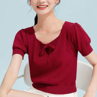 Red Top Women Short Sleeve Square Neck T Shirt Fashion Slim Knitted Tee Summer Korean Tshirt