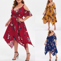 ✣ Plus Size 5XL Off Shoudler Boho Dress Ruffle Beach Strap Summer Dress for Women 2022 Fashion Floral Print V-Neck Dresses Robe