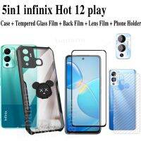 5in1สำหรับ Infinix Hot 12 Play 12i ร้อน12เคสโทรศัพท์อะคริลิค + ฟิล์มกระจกนิรภัย + ฟิล์มคาร์บอนผิว + ฟิล์มเลนส์กล้อง + ที่ใส่แหวนหมีรุนแรง