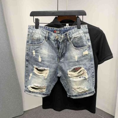 Men Straight Loose Korean Fashion Denim Short Pants Holes Summer Five Piece Jeans Shorts