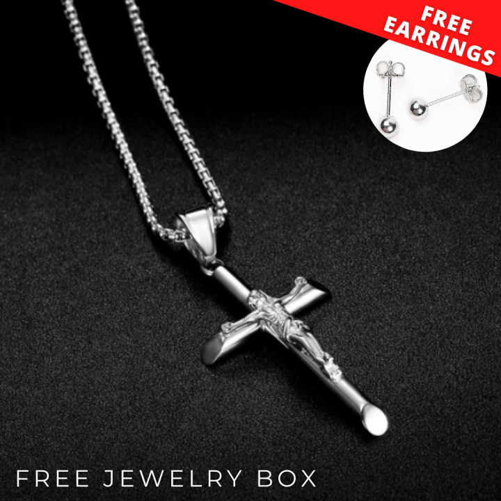 316L Stainless Steel Cross Pendant Necklace for Men Silver Plated