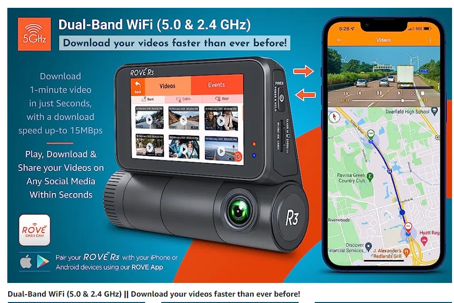 Rove R3 Dash Cam, 3” IPS Touch Screen, 3 Channel Dash Cam Front