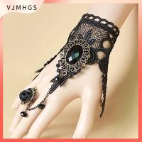 VJMHGS 2pcs สไตล์โกธิค สร้อยข้อมือลูกไม้พร้อมแหวน เครื่องประดับกำไลข้อมือ ชุดคอสเพลย์ ลูกไม้สีดำ พังก์สไตล์ กำไลข้อมือกุหลาบ สำหรับผู้หญิง