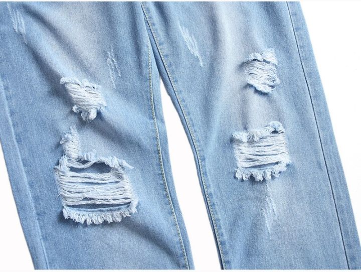 กางเกงยีนส์ประดับหลุมอินเทรนด์ของผู้ชายกางเกงยีนส์สีฟ้าคุณภาพสูงสลิมฟิต-ยีนส์แฟชั่นถนน-กางเกงกางเกงยีนส์ลำลองทุกวัน