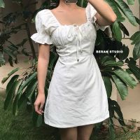 New French r square neck bubble sleeve white dress