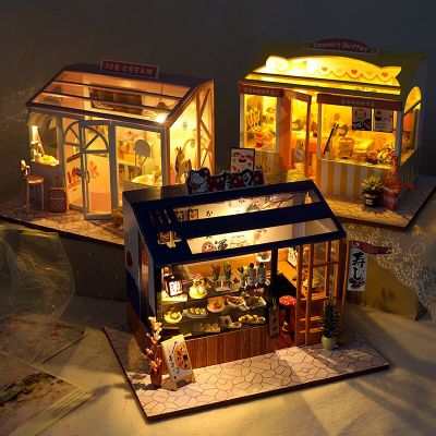 23New DIY Wooden Dollhouse Assembled Sushi Dessert Shop Miniature With Furniture Doll House Casa Toys For Children Adult Gifts