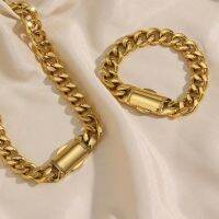 New lns Fashlon Personallty Bracelet Necklace Jewelry Stalnless Steel Hlp Hop Rock Smooth Metal Buckle large Thlck Chaln Set