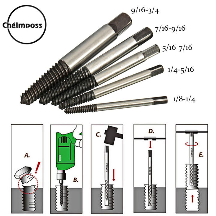 chgimposs-5-ชิ้นอุปกรณ์ถอนสกรูเสียหายใช้งานไม่ได้ออกง่ายชุดสว่านบิตคู่มือชำรุดเสียหายสายฟ้าremover