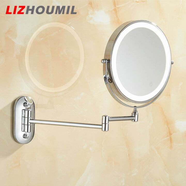 lizhoumil-กระจกสองด้านติดผนังกระจกแต่งหน้า-led-พับได้8นิ้วพร้อมไฟ-แว่นขยาย5เท่า