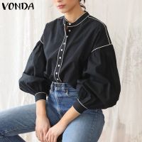 【On Clearance】VONDA Women Casual Lantern Long Sleeve Solid Color Button Up Blouse