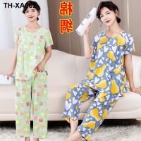 Summer cotton silk pajamas middle-aged womens large size thin section home clothing rayon suit mother casual outerwear two-piece set