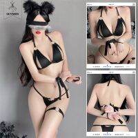 SENMHS Girls Cosplay Bandage Sexy Lace Up Bikini Fun Lingerie Panties 7-Piece Set Women Sexy Swimwear Sex Underwear Black