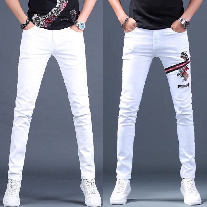 กางเกงผ้าฝ้ายผ้าเดนิมสีขาวกระชับสัดส่วนสำหรับผู้ชาย-กางเกงยีนส์กางเกงลำลองแฟชั่นพิมพ์ลายต่ำสำหรับผู้ชาย