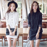 ProShop - เสื้อเชิ้ตยาว ชุดเดรสยาว QUILLA Plus Size Striped Womens Dress คอปก เสื้อผู้หญิง[111]