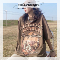 HUAYANG01เสื้อยืดเสื้อผู้หญิงคอกลมแขนสั้นพิมพ์ลายย้อนยุค,เสื้อยืดแบบหลวมลำลอง2023แฟชั่นหน้าร้อน