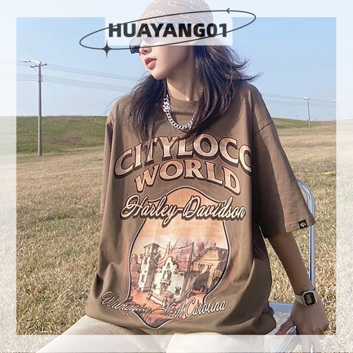 huayang01เสื้อยืดเสื้อผู้หญิงคอกลมแขนสั้นพิมพ์ลายย้อนยุค-เสื้อยืดแบบหลวมลำลอง2023แฟชั่นหน้าร้อน