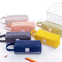 Candy Color Large Capacity Pencil Cases Double Zipper Korean Fabric Pen Box Pouch Case Bag School Office Stationary Supplies Pencil Cases Boxes