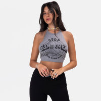 Modelhouses # Women Crop Top, Lacing Halterneck Backless Letters Print Summer Tops For Party Club