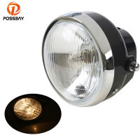 POSSBAY Universal Motorcycle Headlight Round Amber Light Halogen for Suzuki Honda JH 70 Custom Cafe Racer Motorbike Headlamp