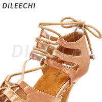 DILEECHI Latin Dance รองเท้า Lace-Up ผู้หญิงห้องบอลรูมเต้นรำรองเท้ากว้างแคบเท้า Salsa Cuban ส้น9ซม. ผิวBronze รองเท้าซาติน