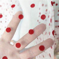 one meter Quality gauze fabric Red dot flocking tissu Dress window screen sofa laying material