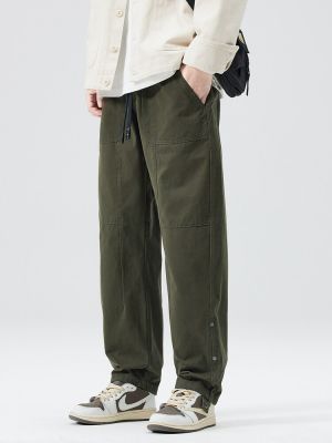 HOT11★กางเกงคาร์โก้ขายาวแบบมีเชือกผูกปากถุงผ้าคอตตอนฟอกสีกางเกงสำหรับผู้ชายสีทึบใหม่2023ฤดูใบไม้ร่วง