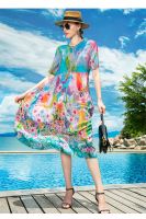 【YF】 Ladies Boho Print Floral Silk Midi Dress 2022 Korean Version Retro Casual Party Spring Summer New Light Elegant Beach Sun