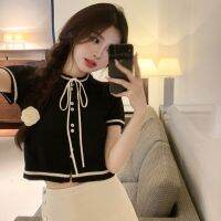 COD DSFERTRETRE Womans Knitted Short-sleeved Tops Sweet Bow Tie Crew Neck Single-breasted Streetwear Top Casual Female Tee