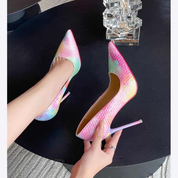 รองเท้าส้นสูงซุปเปอร์11ซม-สำหรับผู้หญิงรองเท้าส้นเตี้ยสีสันสดใสปลายแหลมสีรุ้ง46-36ชิ้นกันลื่นสีชมพู
