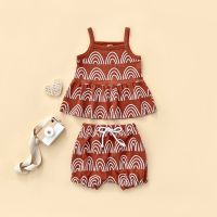 2Pcs Toddler Baby Girls Sweet Lovely Outfits Summer Rainbow Print Wide Hem Sleeveless Suspender Tops+Shorts Infant Clothes Set  by Hs2023