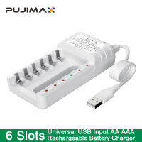 PUJIMAX เครื่องชาร์จแบตเตอรี่อัจฉริยะ6ช่องสาย USB สำหรับ Aaaaa Ni-Cd แบตเตอรี่แบบชาร์จไฟได้สำหรับรีโมทคอนลไมโครโฟนกล้อง