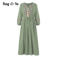 2022 Spring And Summer Embroidered Plus Size Dress Loose Casual Cotton Linen Vestidos Womens Mid-Sleeve Sundress XL Mint Green