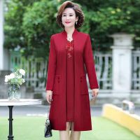 Middle-aged Mother Autumn Winter Womens Bronzing dress Womens Clothing Vestidos Two-piece Suit Style Jacket Feast Dress