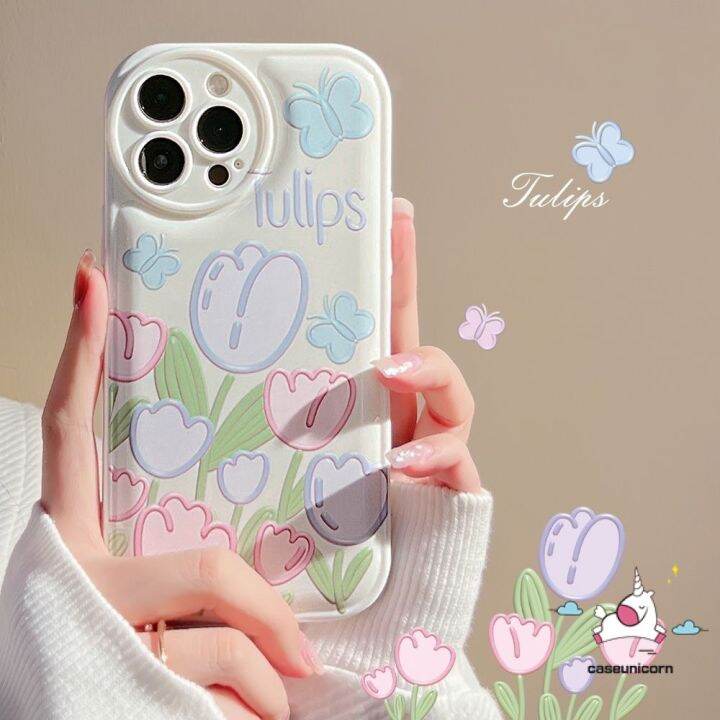 เคสโทรศัพท์มือถือนิ่ม-แบบหนา-ลายผีเสื้อ-ดอกทิวลิป-แวววาว-แฟชั่น-สําหรับ-iphone-14-11-12-13-pro-max-xr-6-6s-7-8-14-plus-x-xs-max-se-2020