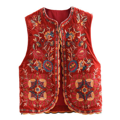 Vintage autumn Floral Embroidery Sequins Velvet women vest  Fashion sleeveless cardigan Ladies Outerwear Casual Waistcoat