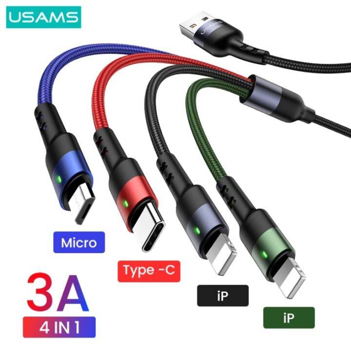 usams-3a-4-in-1-สายชาร์จ-สายข้อมูล-micro-usb-type-c-ip-สายเคเบิลโทรศัพท์