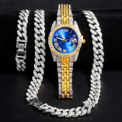 Iced Out Paved Rhinestone Necklace Bracelet Watch Suit Men Hip Hop Rapper Cuban Chain Gold Color Necklaces Men African Jewelry
