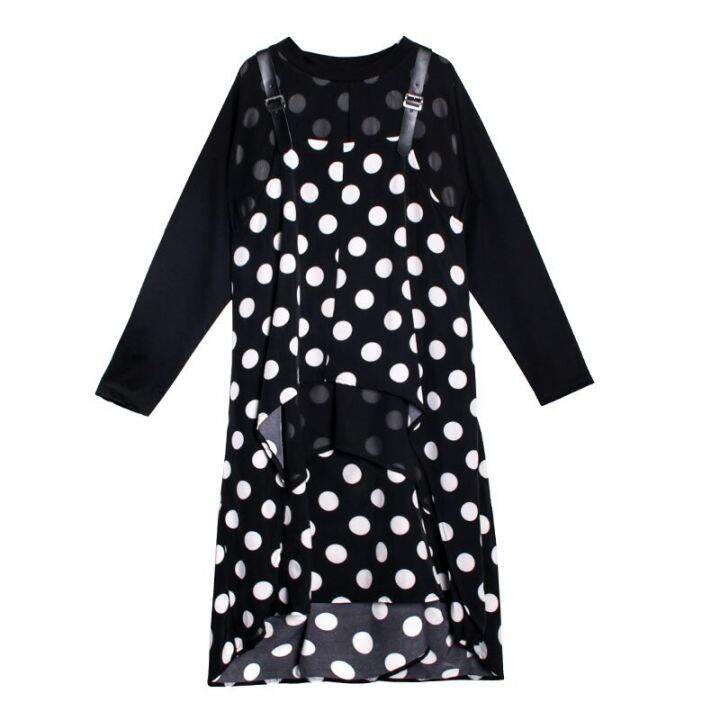 xitao-dress-black-long-sleeve-dot-irregular-patchwork-dress