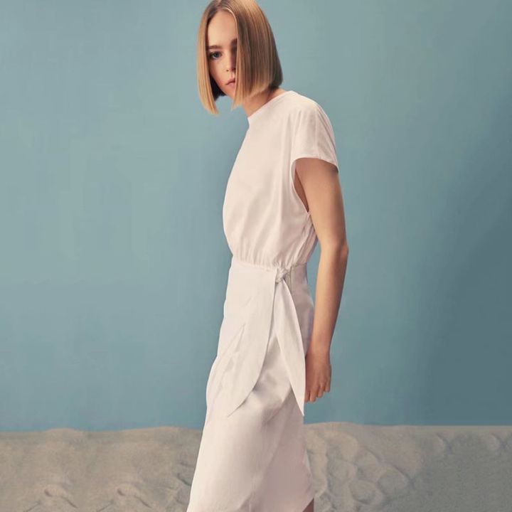 massimo-dutti-เสื้อผ้าสตรี2022ฤดูใบไม้ร่วง-สินค้าใหม่เดรสยาวสไตล์ฝรั่งเศสคอกลมบาง