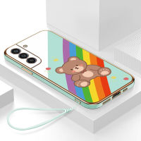 เคสโทรศัพท์ samsung s21fe กรอบสีทองชุบด้วยไฟฟ้า รวมทุกอย่าง ฝาหลัง วัสดุ TPU ป้องกันการหล่น ป้องกันการชนกัน กันน้ำ สายรัดข้อมือการ์ตูนน่ารัก เคสโทรศัพท์มือถือ