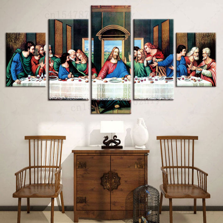 คริสเตียนพระเยซูสุดท้ายอาหารมื้อเย็นผ้าใบจิตรกรรม-5แผงภูมิทัศน์โปสเตอร์สำหรับผนังศิลปะตกแต่งห้อง-ความงาม-hd-พิมพ์