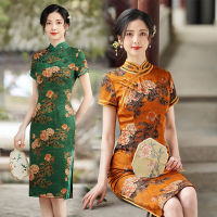 แผนจีนคู่ขอบคอจีนพิมพ์ซาตินแขนสั้น Cheongsam สง่างามเข่าความยาว Qipao ขนาด M-4XL