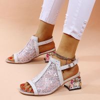 20212021 New Women Wedding Party Sandals Rhinestone Lace Square High Heels Open Toe Sandal Ladies European Design Sexy Sandals Shoes