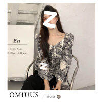 OMIUUS เสื้อเบลาส์คอวีผู้หญิง,เสื้อแขนยาวพองคอกลมเปิดสไตล์ฝรั่งเศสสำหรับฤดูใบไม้ผลิและฤดูใบไม้ร่วงเสื้ื้อคลุมตัวยาวสตรีอ้วน Mm เสื้อเบลาส์ชิ้นบาง