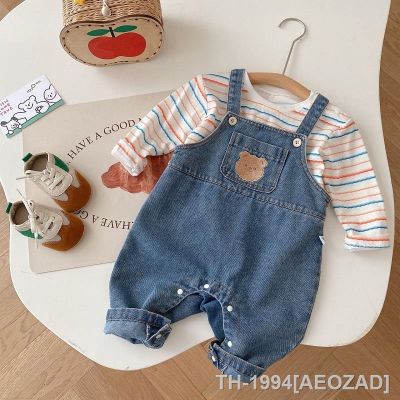 ◎☁❉ Camiseta listrada de manga comprida recém-nascida roupa bebê macacão macacão urso jeans tops para menino e menina 0 a 2 anos outono 2023
