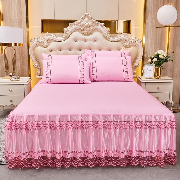 สเกิร์ตเตียงขนาดควีนไซส์-ผ้าคลุมที่นอนกันฝุ่นกระโปรงเตียงลูกไม้-ปลอกหมอนซื้อแยกต่างหาก