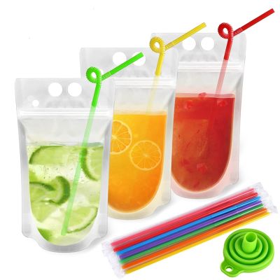 100Pcs Reusable Drink Pouches with 100 Individually Wrapped Straws for Adults Clear Drink Bags with Disposable
