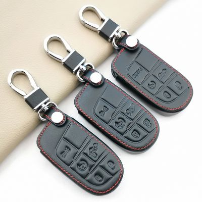 ☫❣☾ Leather Key Cover Case For Jeep Grand Cherokee Transformers 2014 2015 Chrysler 300C 5 Buttons Remote Control Car Accessories